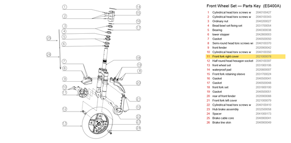 Front Wheel Set exploded diagram + parts key — OKAI ES400 Front Fork Right Cover highlighted (OKAI ES400)