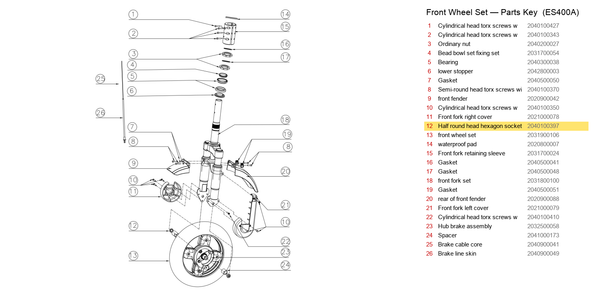 Front Wheel Set exploded diagram + parts key — OKAI ES400 Half Round Head Hexagon Socket Screws highlighted (OKAI ES400)