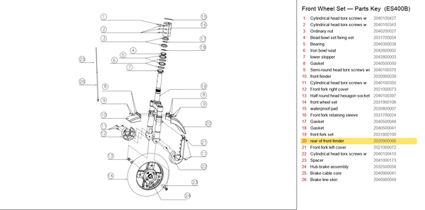 Front Wheel Set exploded diagram + parts key — OKAI ES400 Rear of Front Fender highlighted (OKAI ES400)