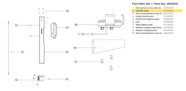 Stem / Folding Set exploded diagram + parts key — OKAI ES400 Front Pole Clamp highlighted (OKAI ES400)