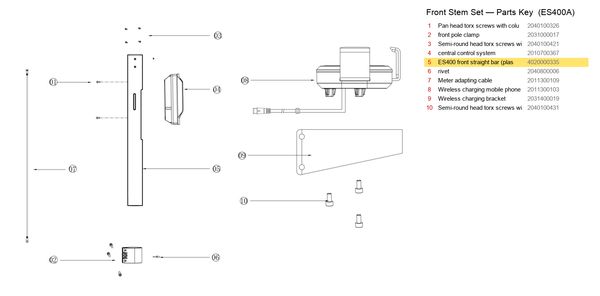 Stem / Folding Set exploded diagram + parts key — OKAI ES400 Front Straight Bar (Plastic Spray) highlighted (OKAI ES400)