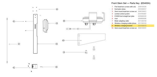 Stem / Folding Set exploded diagram + parts key — OKAI ES400 Wireless Charging Bracket highlighted (OKAI ES400)