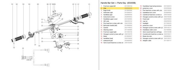 Handlebar Set exploded diagram + parts key — OKAI ES400 Grip highlighted (OKAI ES400)