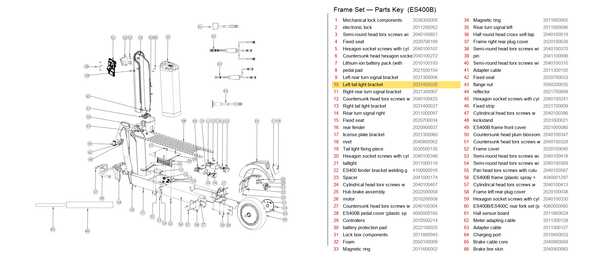 Frame Set exploded diagram + parts key — OKAI ES400 Left Tail Light Bracket highlighted (OKAI ES400)