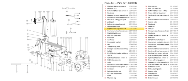 Frame Set exploded diagram + parts key — OKAI ES400 Right Rear Turn Signal Bracket highlighted (OKAI ES400)