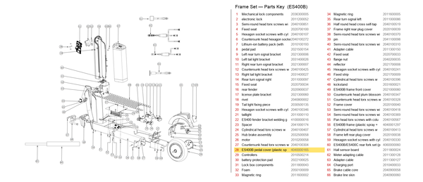 Frame Set exploded diagram + parts key — OKAI ES400B Pedal Cover (Plastic Spray) highlighted (OKAI ES400)