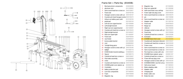 Frame Set exploded diagram + parts key — OKAI ES400B Frame Front Cover highlighted (OKAI ES400)