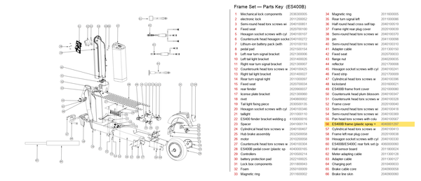 Frame Set exploded diagram + parts key — OKAI ES400B Frame (Plastic Spray + Labeling) highlighted (OKAI ES400)