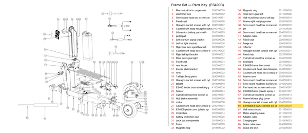 Frame Set exploded diagram + parts key — OKAI ES400B/ES400C Rear Fork Set (Plastic Spray) highlighted (OKAI ES400)