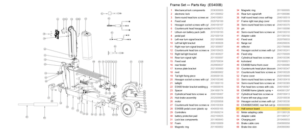 Frame Set exploded diagram + parts key — OKAI ES400 Hall Sensor Board highlighted (OKAI ES400)