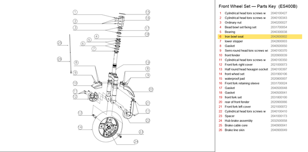 Front Wheel Set exploded diagram + parts key — OKAI ES400 Iron Bowl Seat highlighted (OKAI ES400)