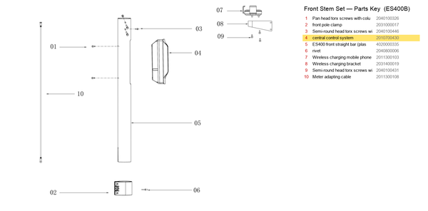 Stem / Folding Set exploded diagram + parts key — OKAI ES400B Central Control System highlighted (OKAI ES400)