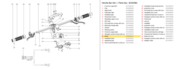 Handlebar Set exploded diagram + parts key — OKAI ES400B Meter / Display / LCD highlighted (OKAI ES400)