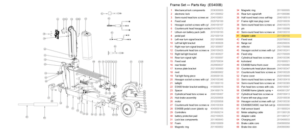 Frame Set exploded diagram + parts key — Okai ES400B Adpator Cable Power highlighted (OKAI ES400)