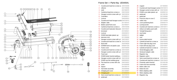 Frame Set exploded diagram + parts key — OKAI ES400A Charging Port (UL, 130mm lead) highlighted (OKAI ES400)