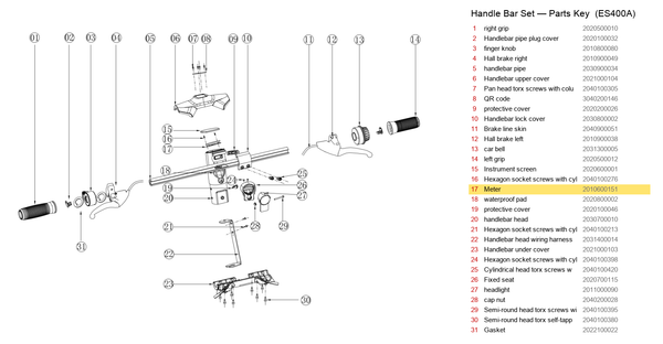 Handlebar Set exploded diagram + parts key — OKAI ES400A Meter / Display (48V CAN, wireless charge) highlighted (OKAI ES400)