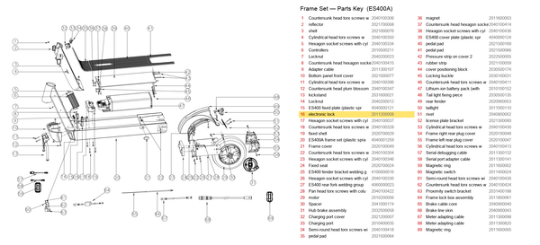 Frame Set exploded diagram + parts key — OKAI ES400A Electronic Lock (5V, UL) highlighted (OKAI ES400)