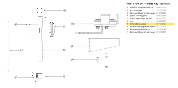 Stem / Folding Set exploded diagram + parts key — OKAI ES400A Meter Adapting Cable (550mm, waterproof) highlighted (OKAI ES400)