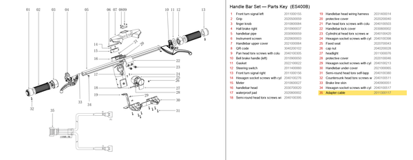 Handlebar Set exploded diagram + parts key — OKAI ES400B Adapter Cable (front turn signal, 320mm) highlighted (OKAI ES400)