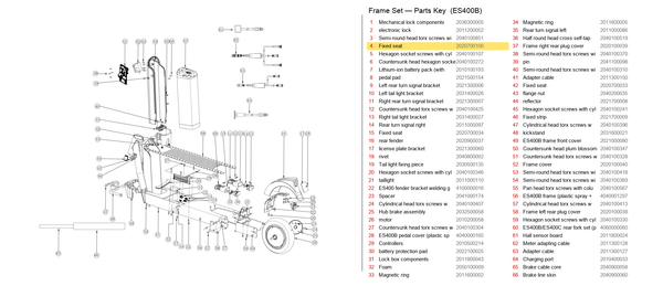 Frame Set exploded diagram + parts key — OKAI ES400B Fixed Seat (464.8 × 120 × 78) highlighted (OKAI ES400)