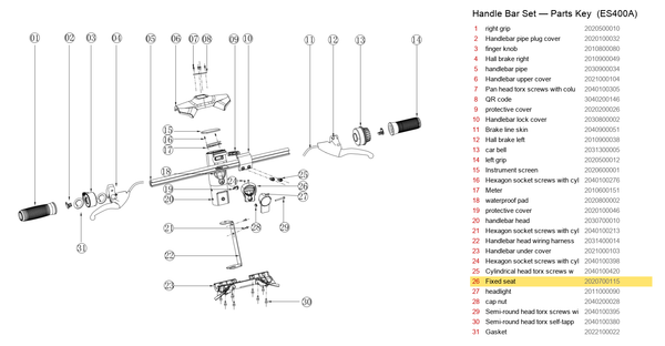 Handlebar Set exploded diagram + parts key — OKAI ES400A Headlight Fixed Seat (67 × 47 × 60) highlighted (OKAI ES400)