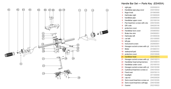 Handlebar Set exploded diagram + parts key — OKAI ES400A Handlebar Head (ES400, 178mm) highlighted (OKAI ES400)