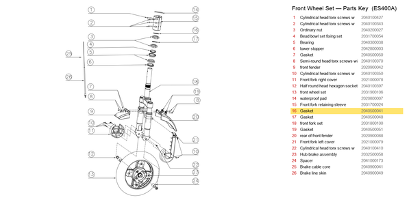 Front Wheel Set exploded diagram + parts key — OKAI ES400 Gasket (Ø32.2 × Ø40 × 2) highlighted (OKAI ES400)