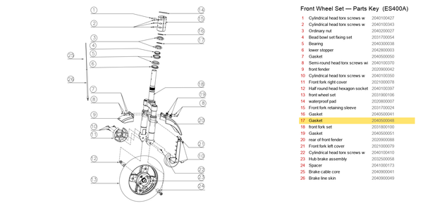 Front Wheel Set exploded diagram + parts key — OKAI ES400 Gasket (Ø32.2 × Ø39.8 × 2) highlighted (OKAI ES400)