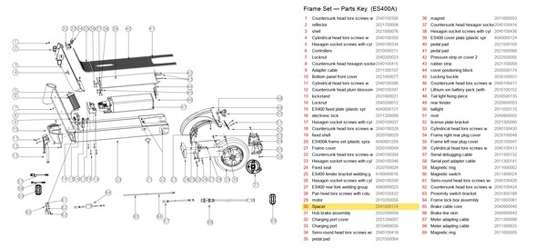 Frame Set exploded diagram + parts key — OKAI ES400 Spacer (20# × Ø15 × Ø20) highlighted (OKAI ES400)
