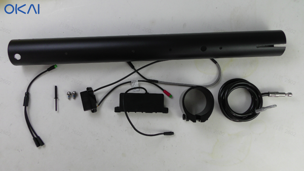 OKAI ES400A helmet lock assembly: locker tube, controller, cable, mounting hardware