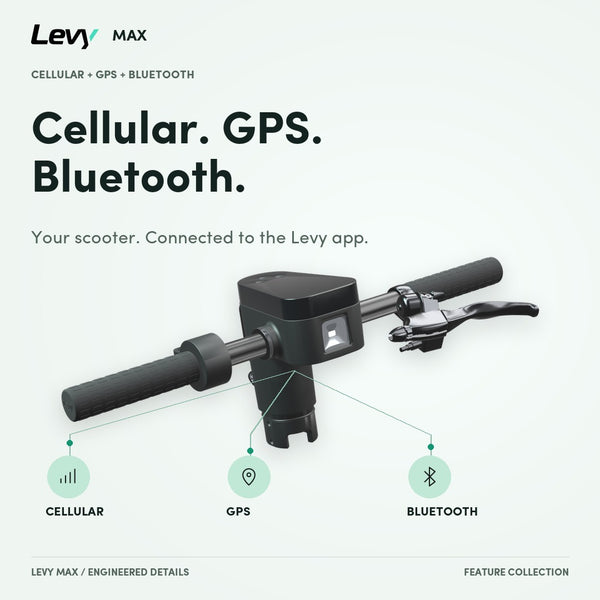 Levy Max cellular, GPS and Bluetooth, connected to the Levy app