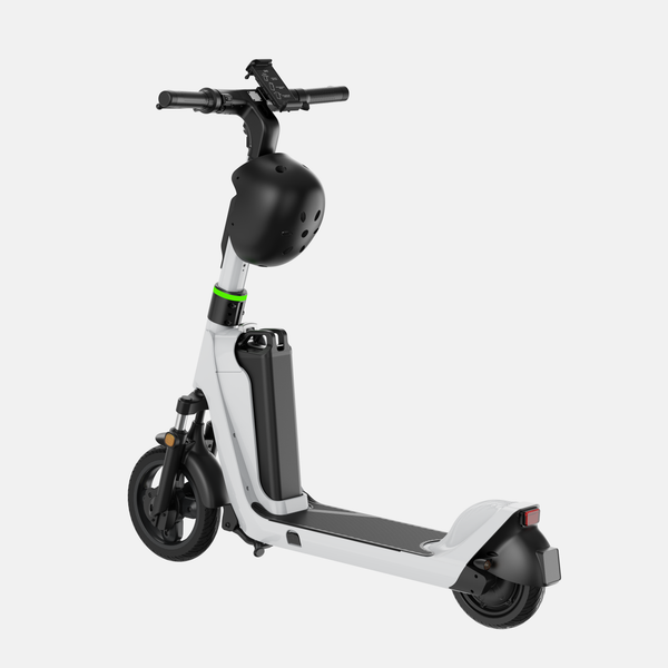 OKAI helmet locker installed on scooter, helmet retained — front three-quarter view