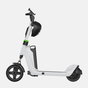 OKAI helmet locker installed on scooter, helmet retained — side view
