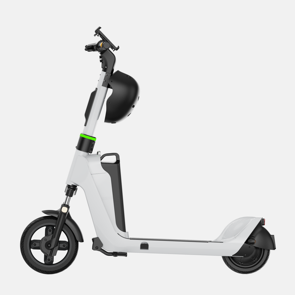 OKAI helmet locker installed on scooter, helmet retained — side view