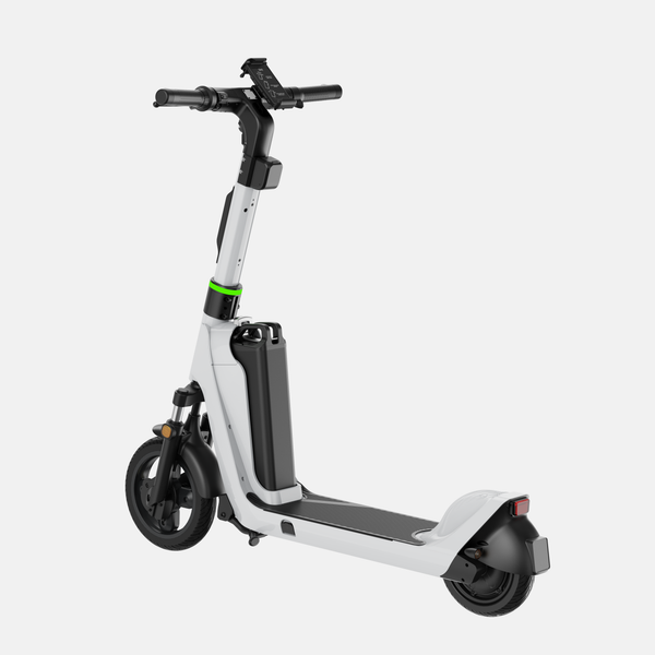 OKAI helmet locker mount on scooter (no helmet) — front three-quarter view