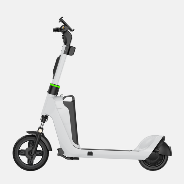 OKAI helmet locker mount on scooter (no helmet) — side view