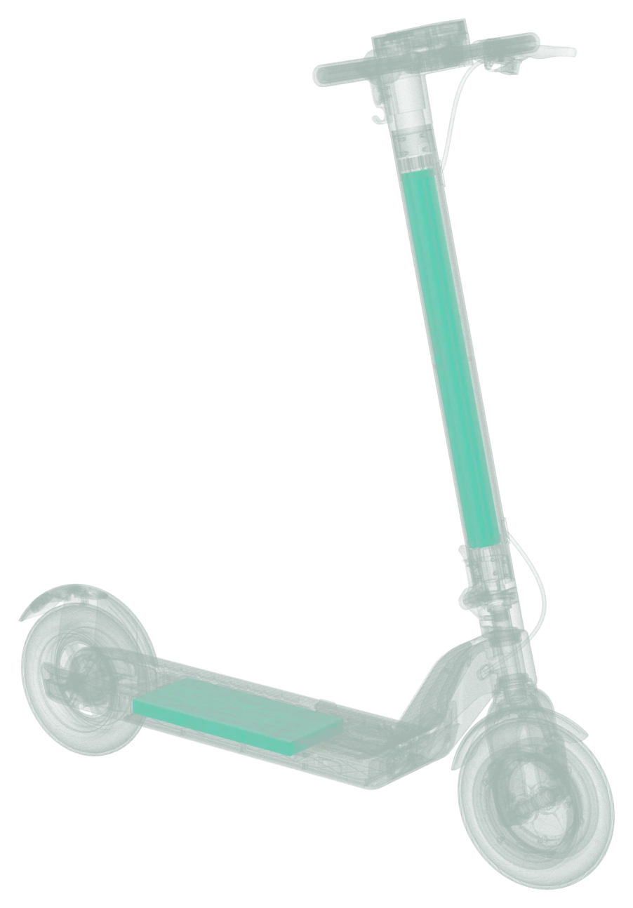 Levy Max shown in x-ray with the stem battery and the deck battery highlighted